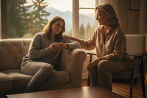 A therapist and client sit in comfortable armchairs facing each other in a private, well-lit office with a potted plant, engaged in a calm and attentive conversation.
